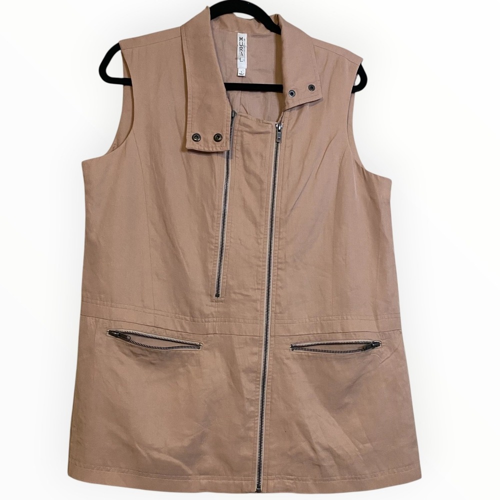 Mural Womens Tan Khaki Lyocell Asymmetrical Zip Utility Vest Size Large Safari